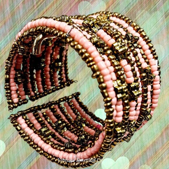 Golden Flowers & Coral Seeds Beaded Bracelet Spiral Coil Wire Retro Wrap Cuff - Picture 9 of 12